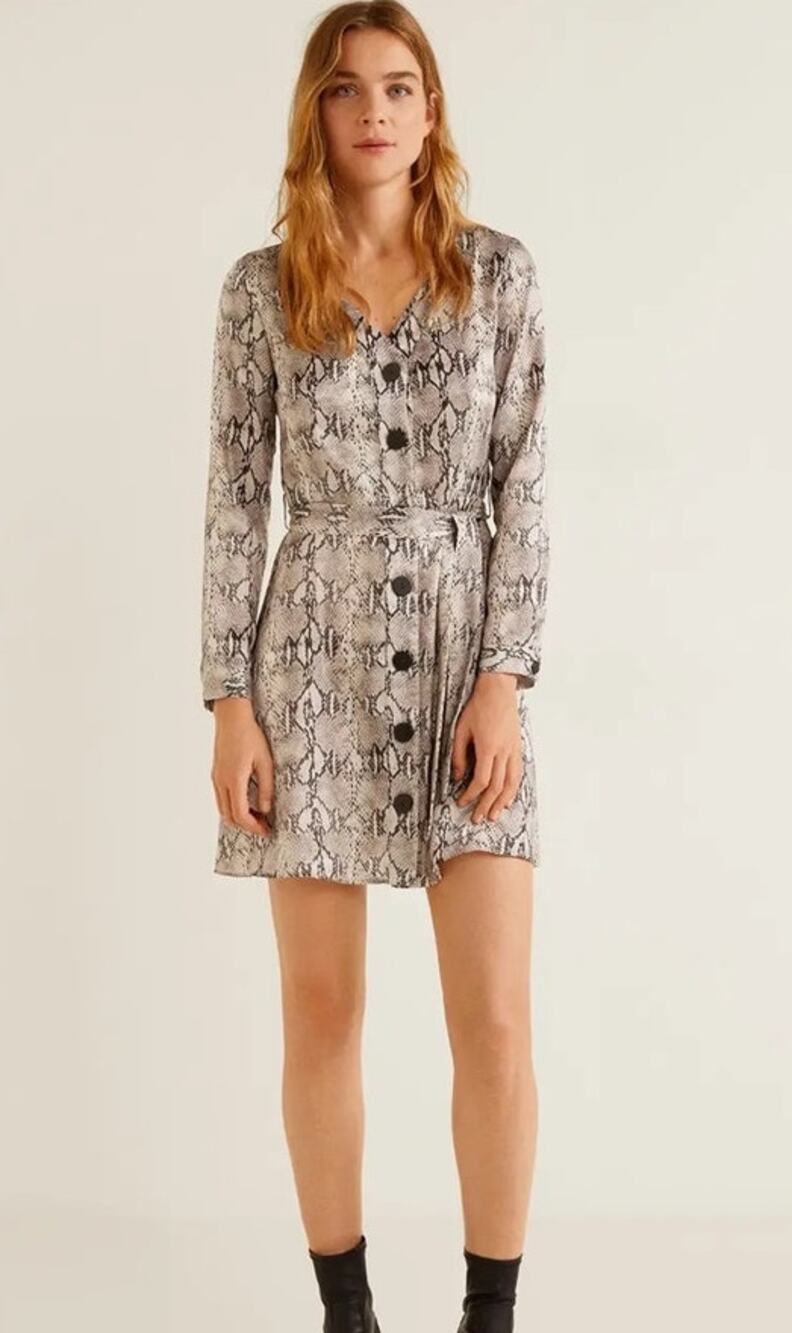 Mango MNG Snake Skin Python Print Button Up Belted Shirt Mini Dress, Size Small